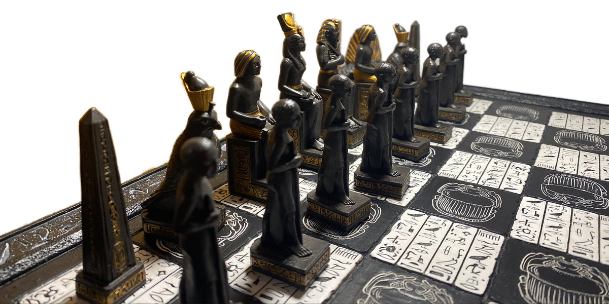 CHESSMAN | CHESS EGYPTIAN SET - GOLD AND BLACK PIECES W/ SPHINX STANDS