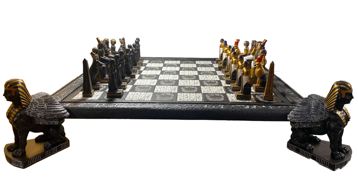 CHESSMAN | CHESS EGYPTIAN SET - GOLD AND BLACK PIECES W/ SPHINX STANDS