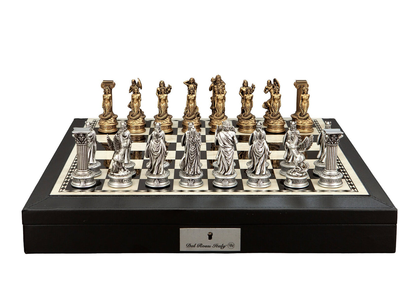 DAL ROSSI | CHESS SET - EUROPEAN WARRIORS (GREEK MYTHOLOGY) CHESSMEN 85MM /18" BLACK PU LEATHER BOX