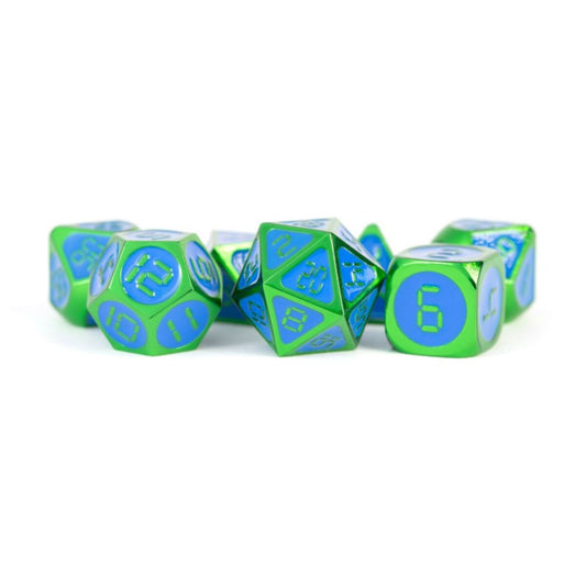 MDG | 16MM METAL POLY DICE SET | GREEN W/ BLUE ENAMEL