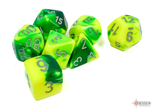 CHESSEX 7 DICE SET | GEMINI GREEN-YELLOW/SILVER