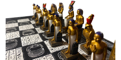 CHESSMAN | CHESS EGYPTIAN SET - GOLD AND BLACK PIECES W/ SPHINX STANDS