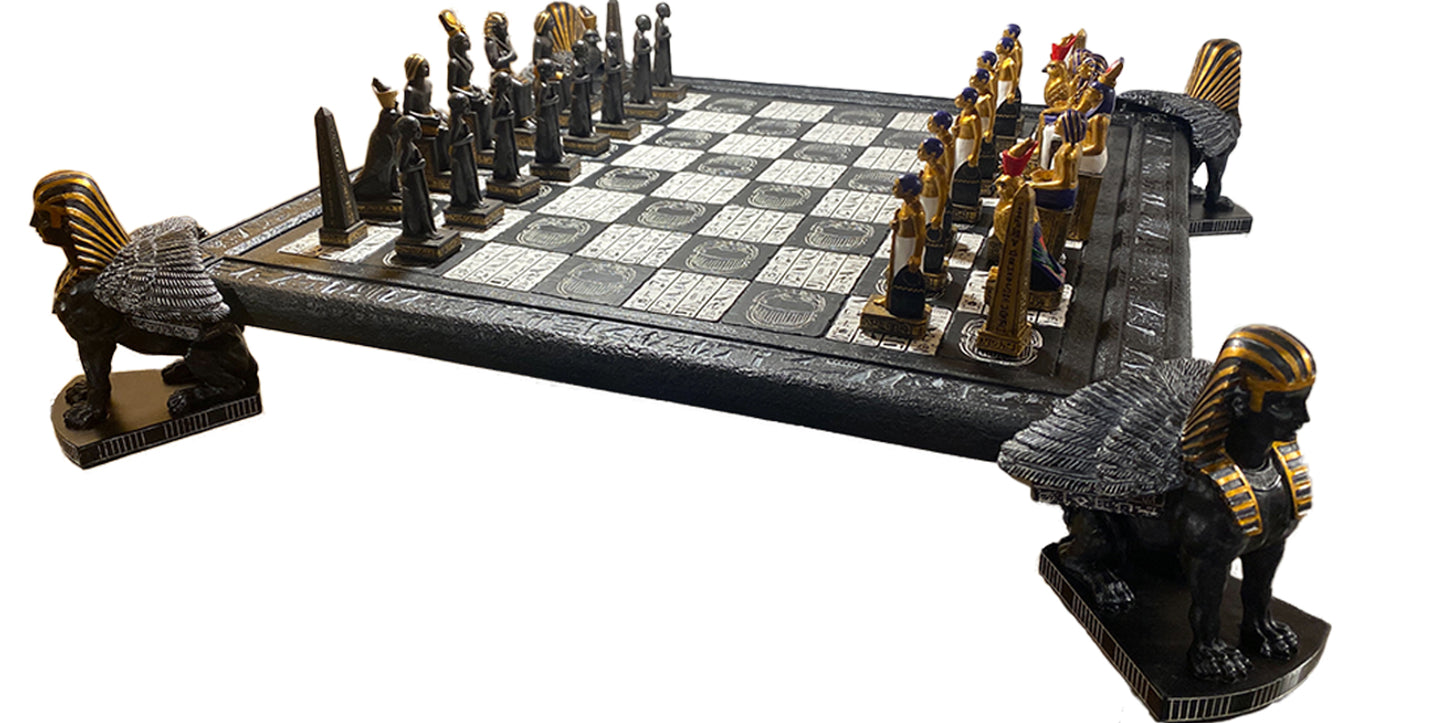 CHESSMAN | CHESS EGYPTIAN SET - GOLD AND BLACK PIECES W/ SPHINX STANDS