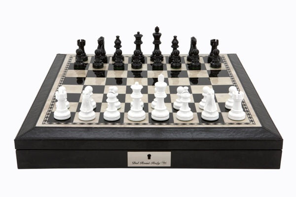DAL ROSSI | CHESS SET - 16" PU LEATHER BLACK/WHITE BOX WITH WEIGHTED PIECES