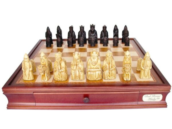 DAL ROSSI | CHESS SET 20" WALNUT BOX DRAWERS - ISLE OF LEWIS PIECES - BOARD AND PIECES