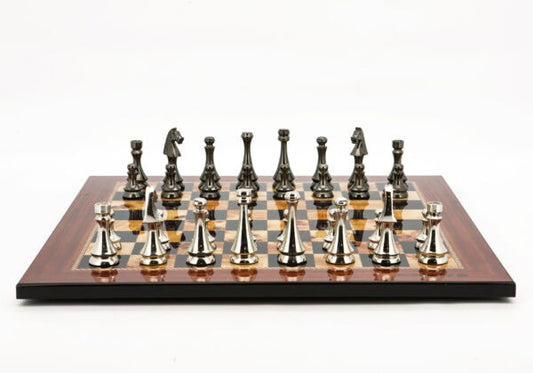DAL ROSSI | CHESS SET 50CM - FLAT SHINY WALNUT BOARD & TITANIUM/SILVER PCS 85MM