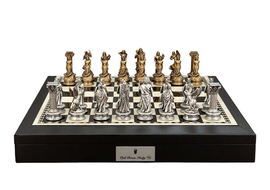 DAL ROSSI | CHESS SET - EUROPEAN WARRIORS (GREEK MYTHOLOGY) CHESSMEN 85MM /18" BLACK PU LEATHER BOX