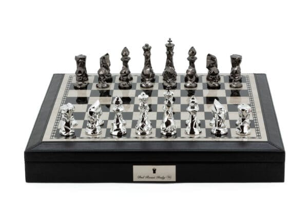 DAL ROSSI | CHESS SET - PU LEATHER BOX WITH DIAMOND CUT TITANIUM/SILVER PIECES