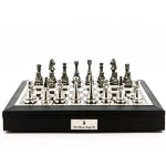 Dal Rossi Chess Set Dark Titanium & Silver on 18 inch Black & White Leather Chess set