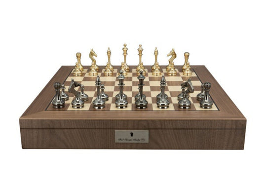 DAL ROSSI | CHESS SET - 20" WALNUT BOX WITH STAUNTON BRASS/TITANIUM PIECES